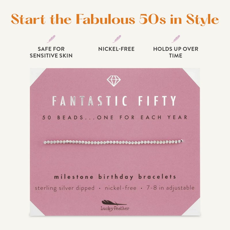 Lucky Feather 50th birthday gifts for her | 50th birthday gifts for women Bracelet | 14K Gold, Rose Gold, or Silver Dipped Beads on Adjustable Cord | Trendy 50 year old gifts for women | With Card - Image 4